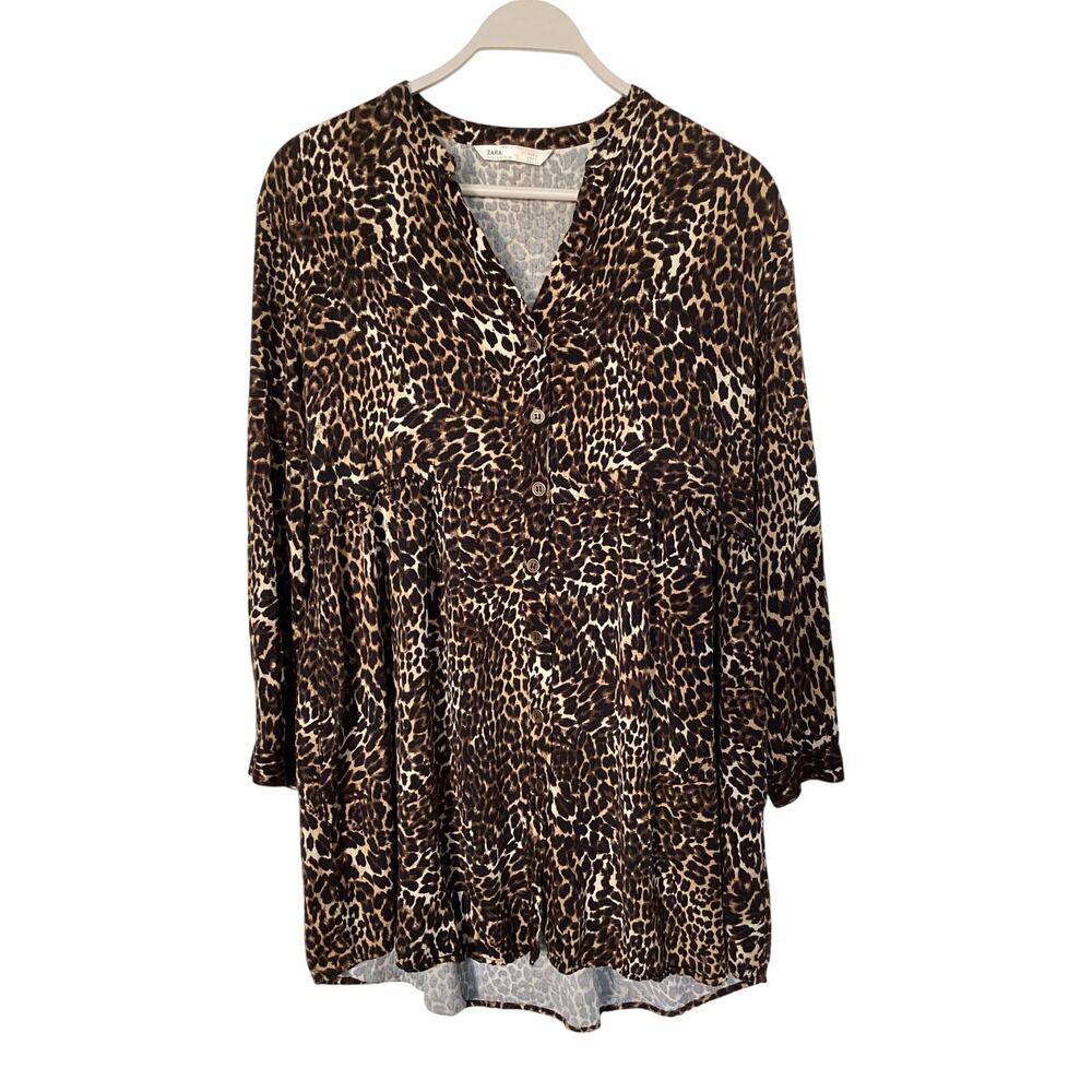 Zara Women's Long Sleeve Animal Leopard Print Mini‎ Dress Brown Beige Size Large